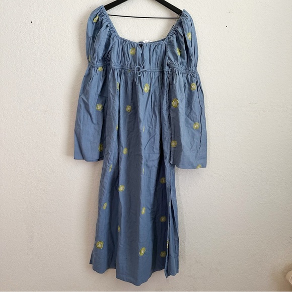 FREE PEOPLE Emory Cotton Linen Embroidered Midi Dress Puff Sleeve - Picture 3 of 6